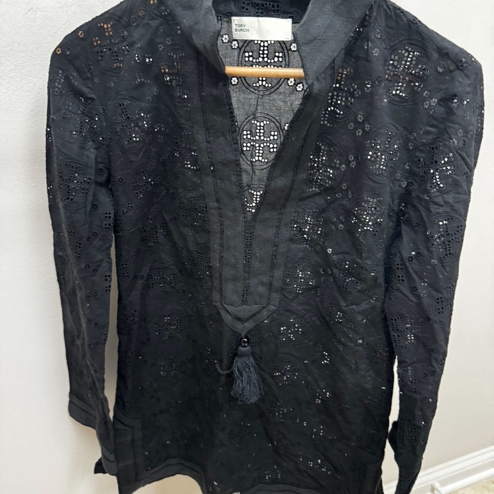 Tory Burch Black Swim Coverup with Sheer Lace